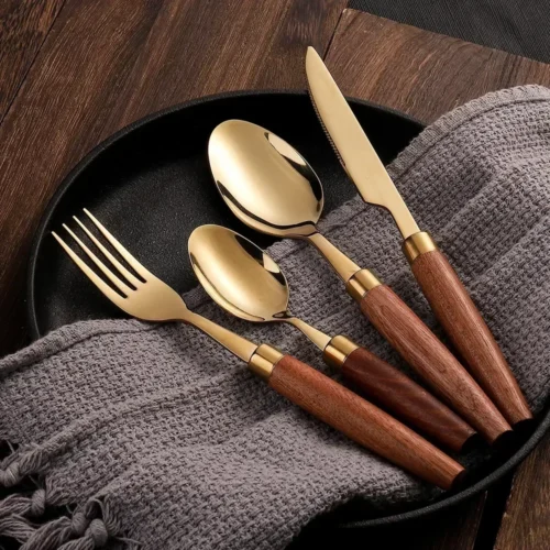 TimberCraft Cutlery – 4pc Stainless Steel Set with Wooden Handles